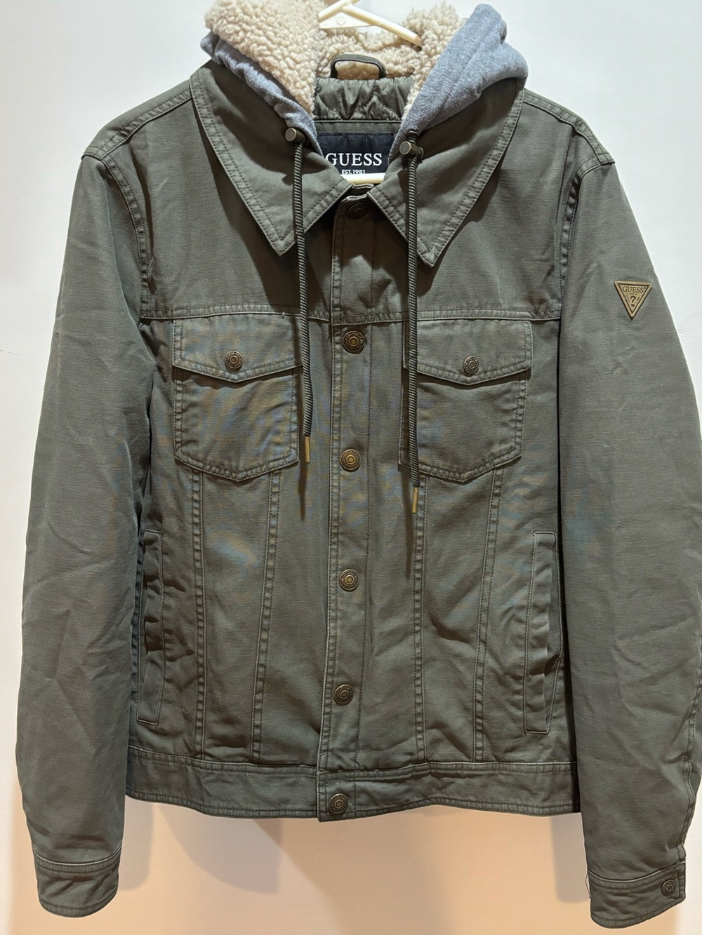 GUESS Olive Green Hooded Military-Style Jacket with Sherpa Trim